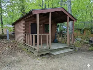 Exterior of a dark log-style rustic cabin featuring a covered front porch