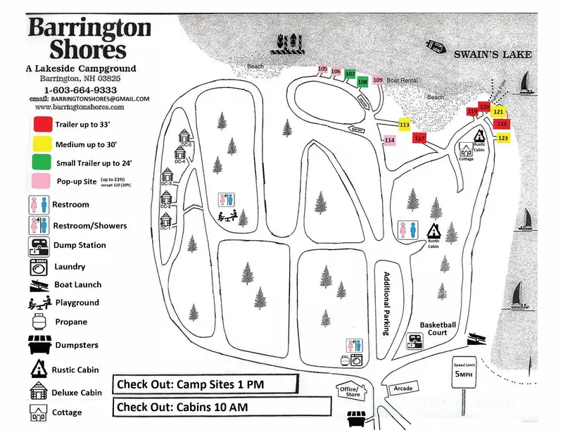 Short-term camping map of Barrington Shores showing available overnight sites and rental cabins