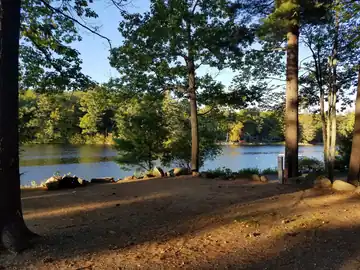 Waterfront campsite 108 situated on a rocky bank with fire ring and lake views