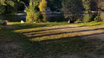 Grassy lakefront campsite 121 featuring direct walk-in access to the water