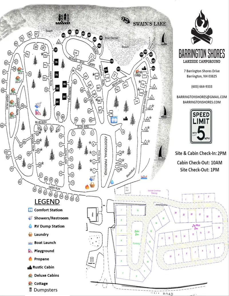 Complete property map of Barrington Shores Campground showing all seasonal and short-term campsites, streets, and amenities